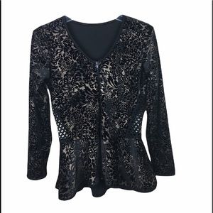 Art Stone black floral peplum top with mesh insert